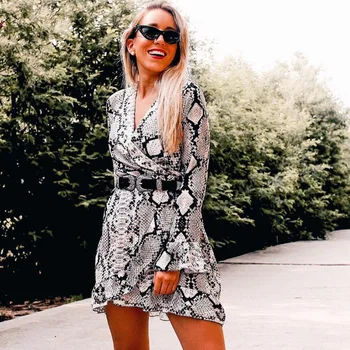 

2019 Autumn snake pattern ruffled dress micro-horn long-sleeved V-neck irregular high waist low-cut