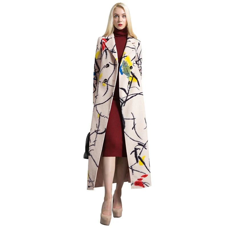 

DF high quality wool printed warm winter coat women turndown collar long coat overcoat female casual double breasted 6261