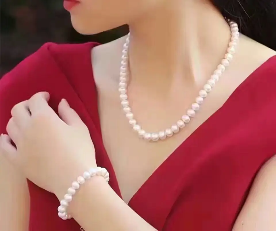 Набор из 9-10 мм круглое море белый натуральный жемчуг ожерелье 1" и браслет 7,5-8" 14 K