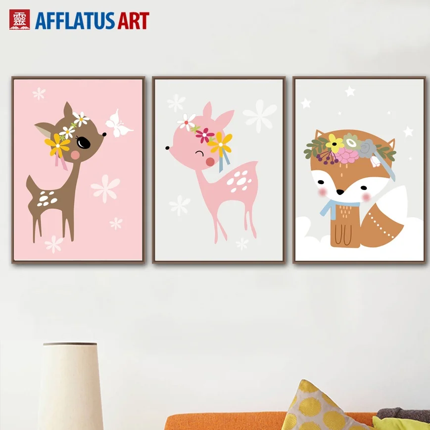 

Cartoon Deer Fox Flower Wall Art Canvas Painting Nordic Posters And Prints Pop Art Animals Wall Pictures Kids Room Home Decor