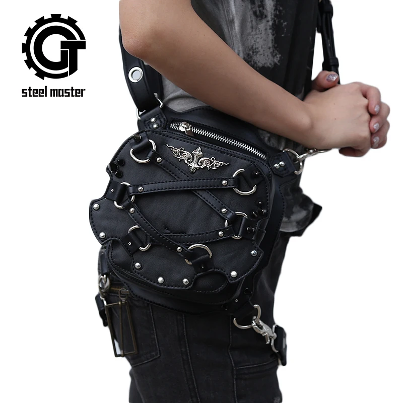 

Small Punk Waist Bag Motorcycle Leg Bags Crossbody Leather Phone Case Holder Black Gothic Rivet Fanny Pack Vintage Shoulder Bags