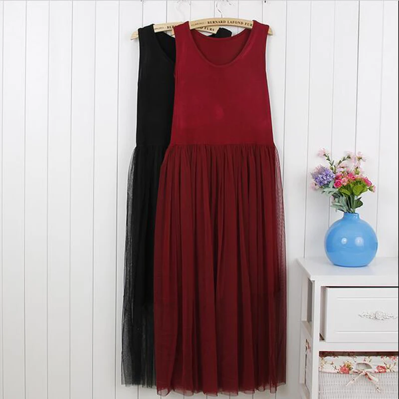 

9 color New Spring and summer gauze modal gauze lace plus size spaghetti strap vest basic one-piece dress full dress LU73
