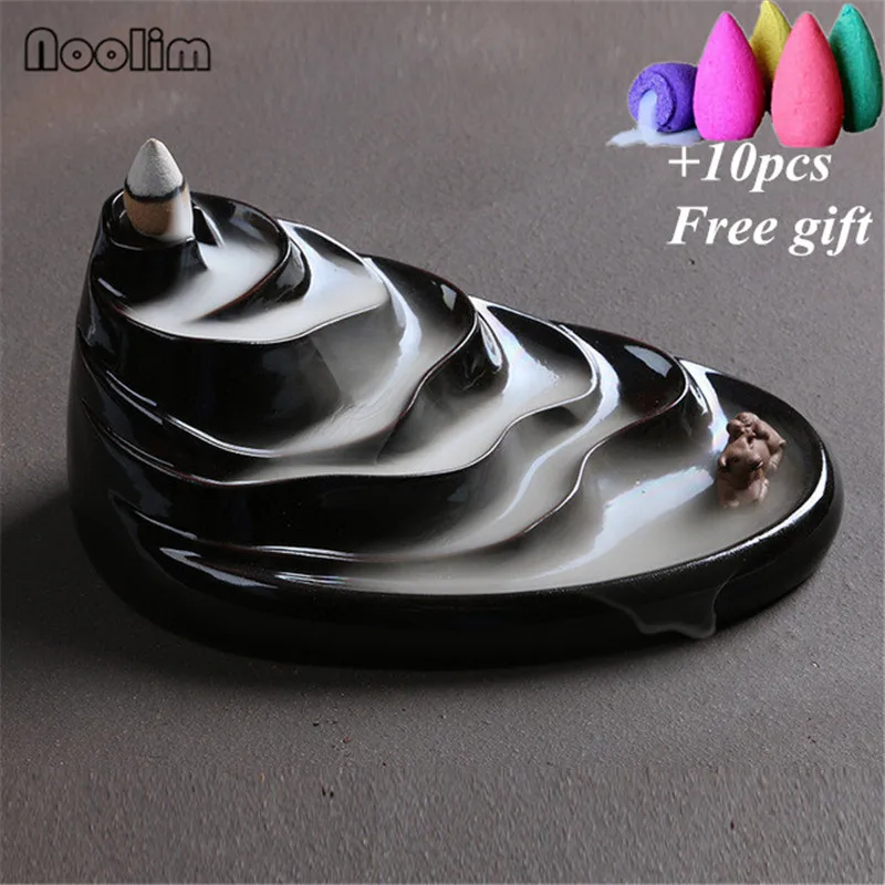 

Ceramic Terraced Field Fish Pond Waterfall Backflow Incense Burner Incense Holder Aroma Zen BuddhistCenser + 10Pcs Free Cones