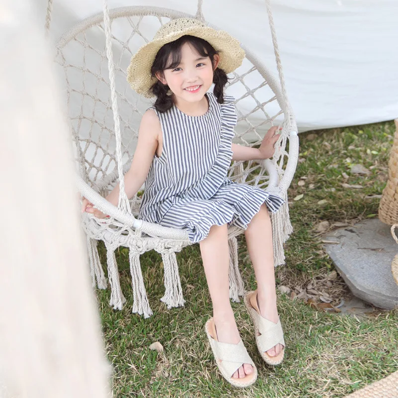 

2019 Spring Summer Girl Set Striped Sleeveless Top Tees + Ruffle Loose Pants Cropped Trousers Costume Girl's Set 2PCs Cotton