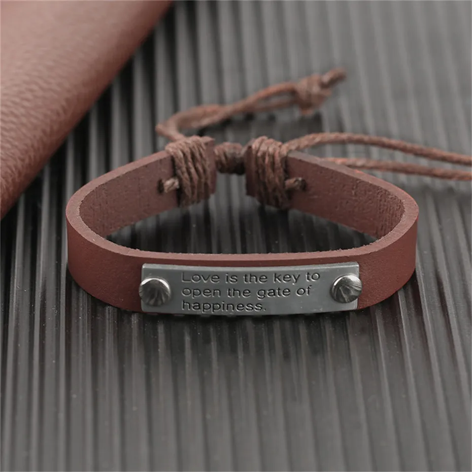 Stylish Black Brown Happiness Door Love Theme Charms Women Leather Bracelets Rope Chain Mother Gift Jewelry  (18)