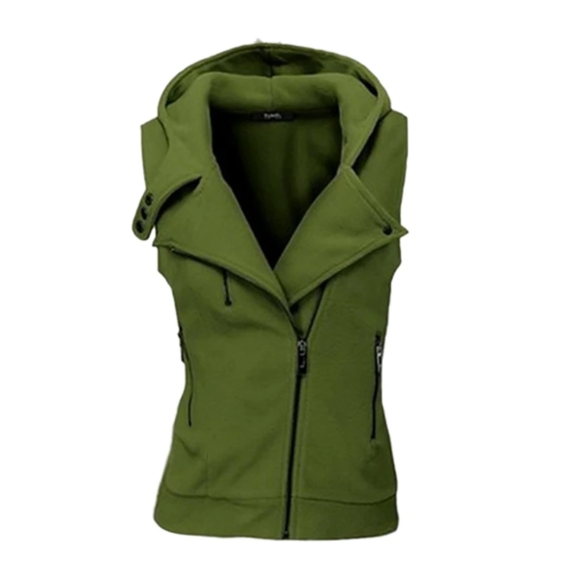 Women Sport Solid Color Hooded Vest Sweatshirt with Oblique Zipper ...