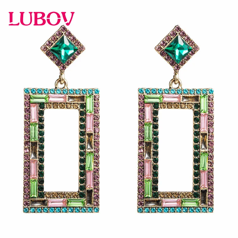 Женские акриловые серьги подвески LUBOV зеленые прямоугольные с инкрустированными