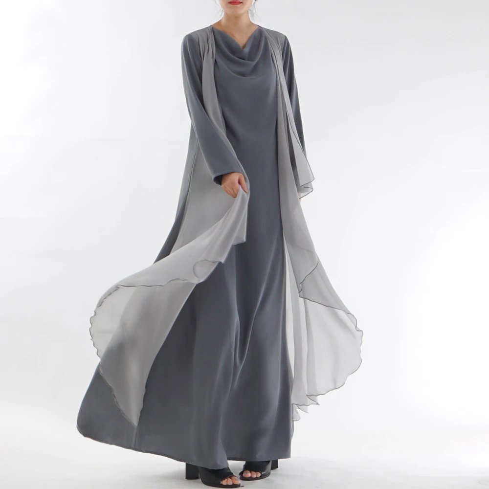 

Pure color abaya for women long sleeve muslim Islamic turkish clothing Robe Dress fashion gown fake 2/sets