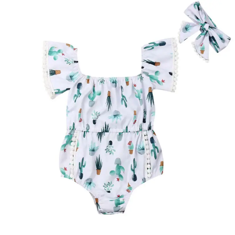 

CANIS Brand Brand 2019 New Newborn Baby Girls Plants Printed Tassel One-Piece Romper Jumpsuit +Lovely Headband Outfits Sunsuit