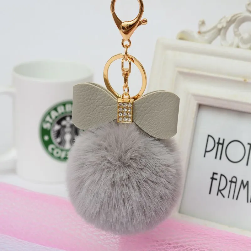 Cute Bowknot Pendent Rabbit Fur Pom Pom Keychain Bulk Fluffy Key Chain  Plush Crystal Leather Car Keyring Porte Clef Llaveros