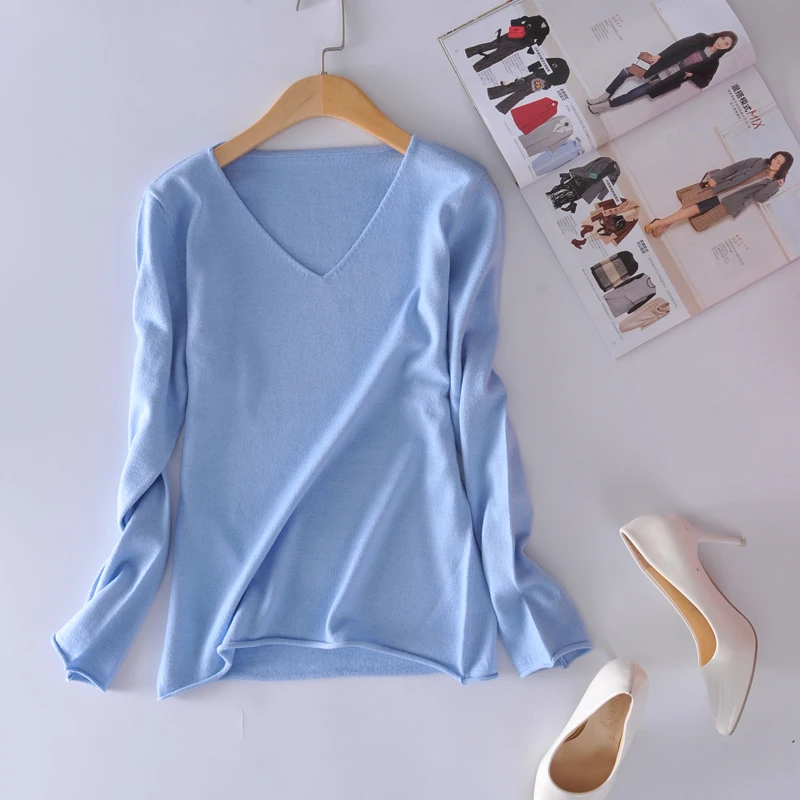 

2019 New Women's Autumn Winter European Style Fashion Outwear Pullovers Knitted Cashmere Blend Sweater Female VNeck Pullover 953