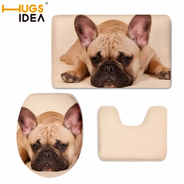 HUGSIDEA French Bulldog Bathroom Non Slip Large Toilet Seat Cover Set Conch Pedestal Rug+Lid