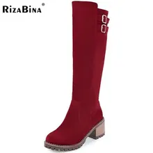 Rizabina 4 цвета женские ботинки на высоком каблуке из металла сапоги с пряжкой Теплые ботинки на меху для Теплые зимние ботинки женская обувь Размеры 34–43