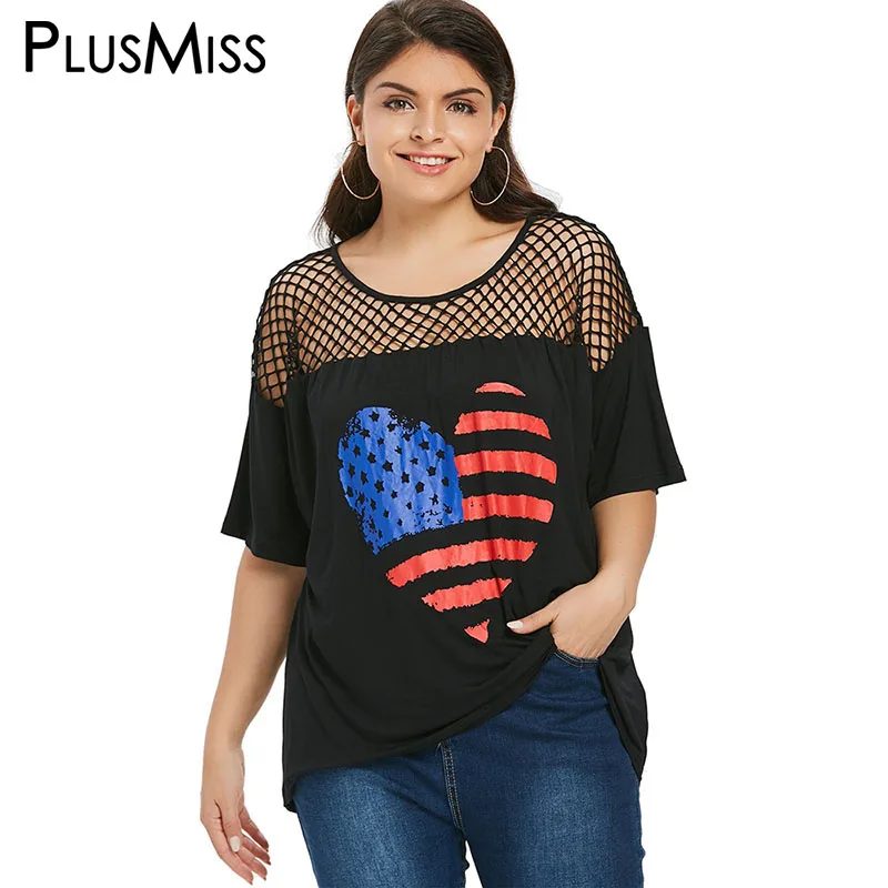 

PlusMiss Plus Size XXXXXL American USA Flag Print Fishnet Sexy T Shirts Women Clothing Big Size XXXXL XXXL Mesh Loose Tops Tee
