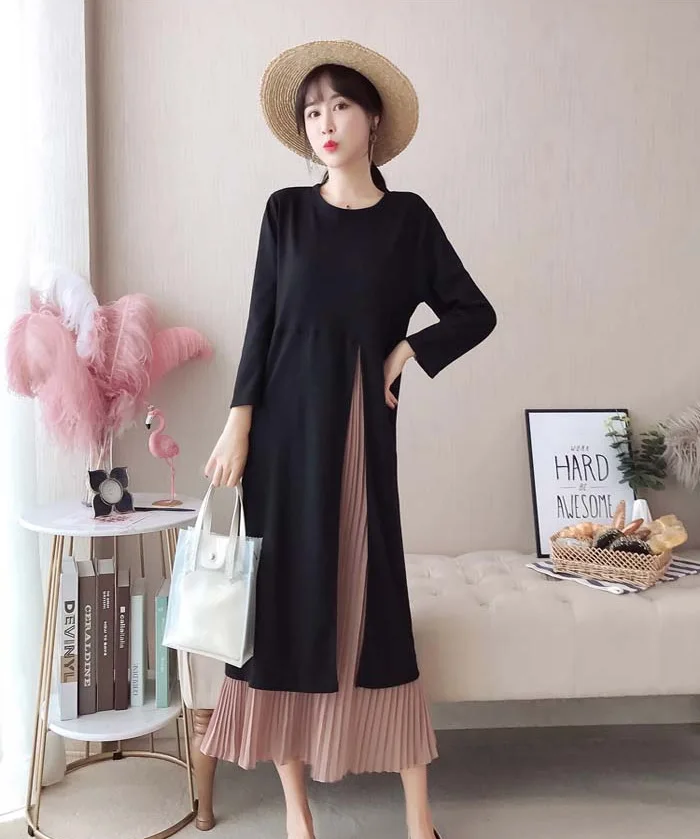 

2019 New Spring Designer women's Spring dress fake 2pcs long sleeve black pink colour Length Dress M-4XL