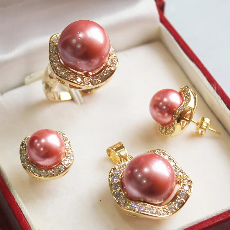

hot sell new - shipping set 0053 shell pearl pendant(14mm), earing(10mm), , ring(14mm) set