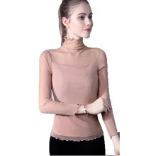 Новая Однотонная футболка женская модная тонкая Agaric edge золотистые серебряные шикарные топы Сексуальная с высоким воротом и длинным рукавом Basics блузка большого размера