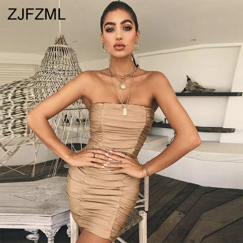 ZJFZML Women Sexy Summer Dresses Draped Slim Bodycon Bandage Mini