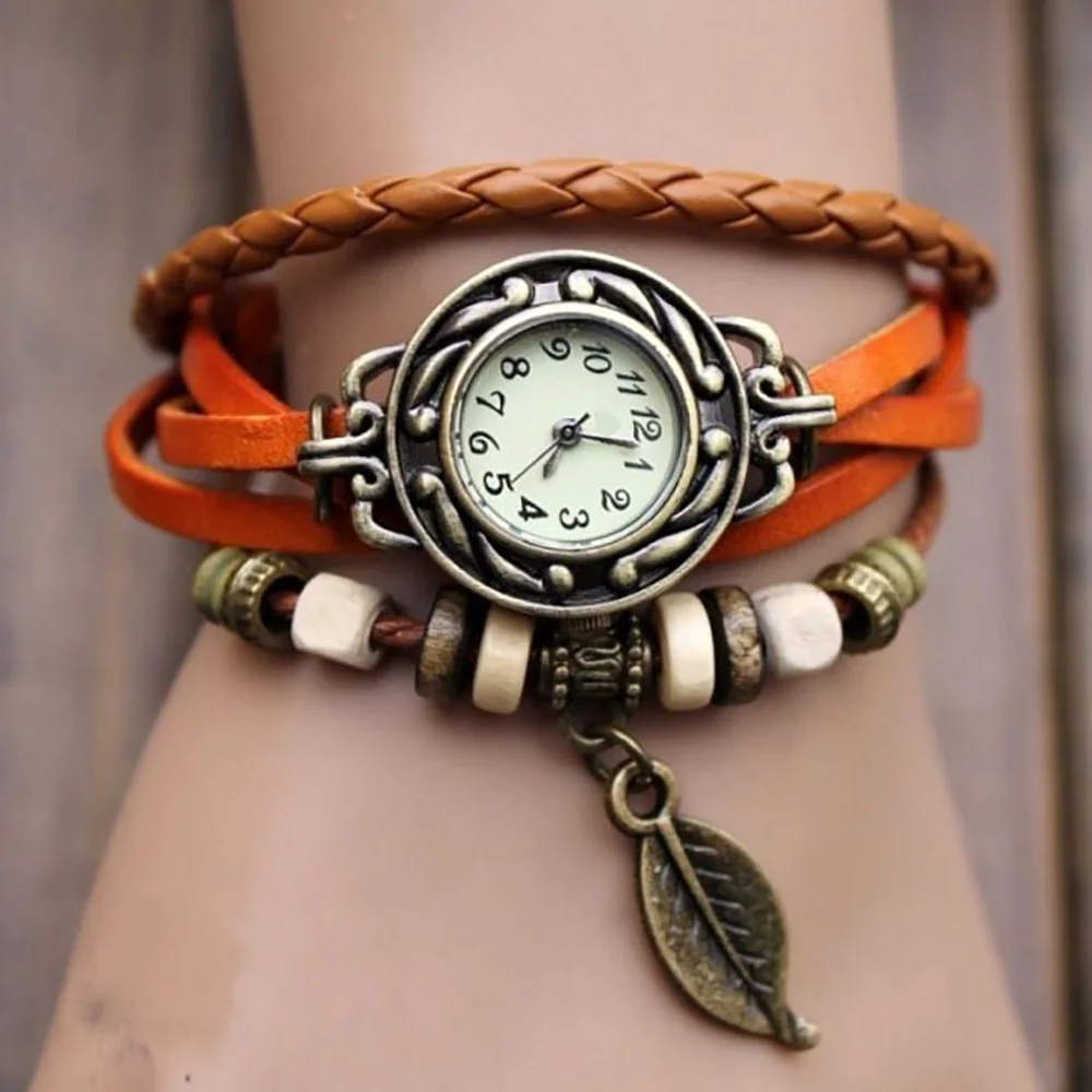 Превосходный женский браслет переплетение с узором кварцевые кожаные бусины в виде листиков наручные часы 11 августа