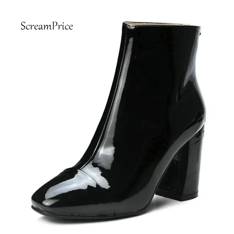 Goede De Nieuwe Lakleder Hoof Hoge Hak Terug Rits Vrouw Enkellaars Mode Vierkante Teen Jurk Dames Laarzen Zwart Rood