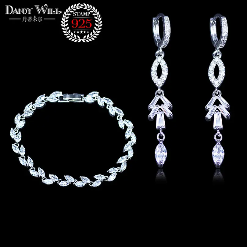 silver color White Zircon Crystal Angelic Leaf Bracelet And Pretty Long Earrings Jewelry Set For Women Anniversary | Украшения и