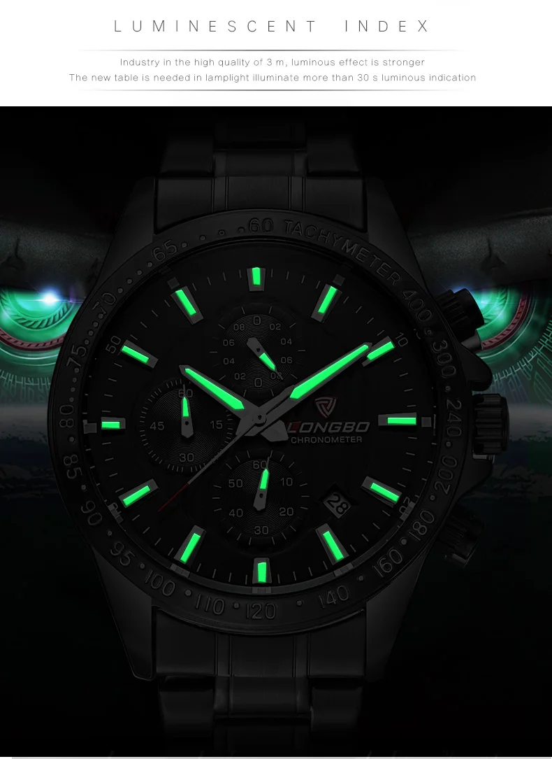 Мода 2016 года Элитный бренд LONGBO Нержавеющая сталь Спорт военные аналоговые кварцевые часы Водонепроницаемый наручные мужские часы 80177