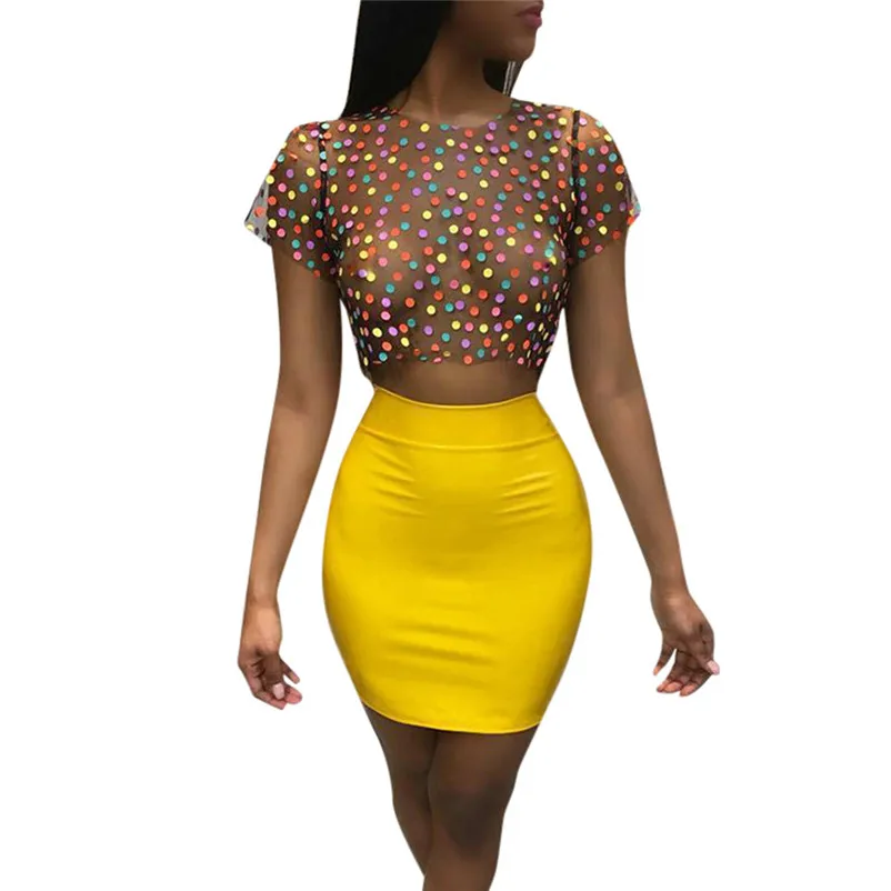 Women Sexy 2 Pieces Dot Print Mesh Short T-shirt Indie Fork Crop Top with Slim Mini Bandage Skirt Sets Casual Streetwear 3D07 (7)