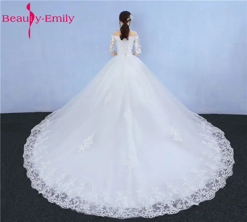 Женское свадебное платье со шлейфом Beauty Emily белое кружевное трапеция с коротким