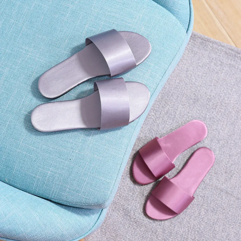 US $3.42 Women Beach Slippers 2019 Summer Flat Shoes Woman Slip On Slides Silk Style Female Slip On Sandals Girls Indoor Outdoor Slippers