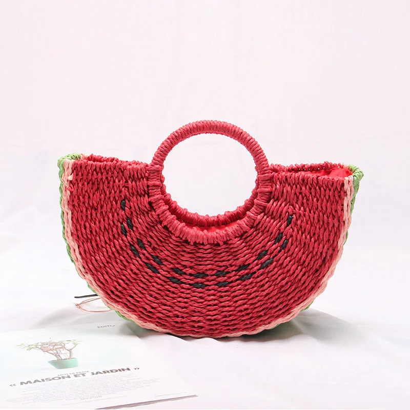 

Cute Watermelon Shaped Straw Bags Women Semicircle Moon Shaped Handbags Women Rattan Beach Bags Brands Bohemian Knitting 2019