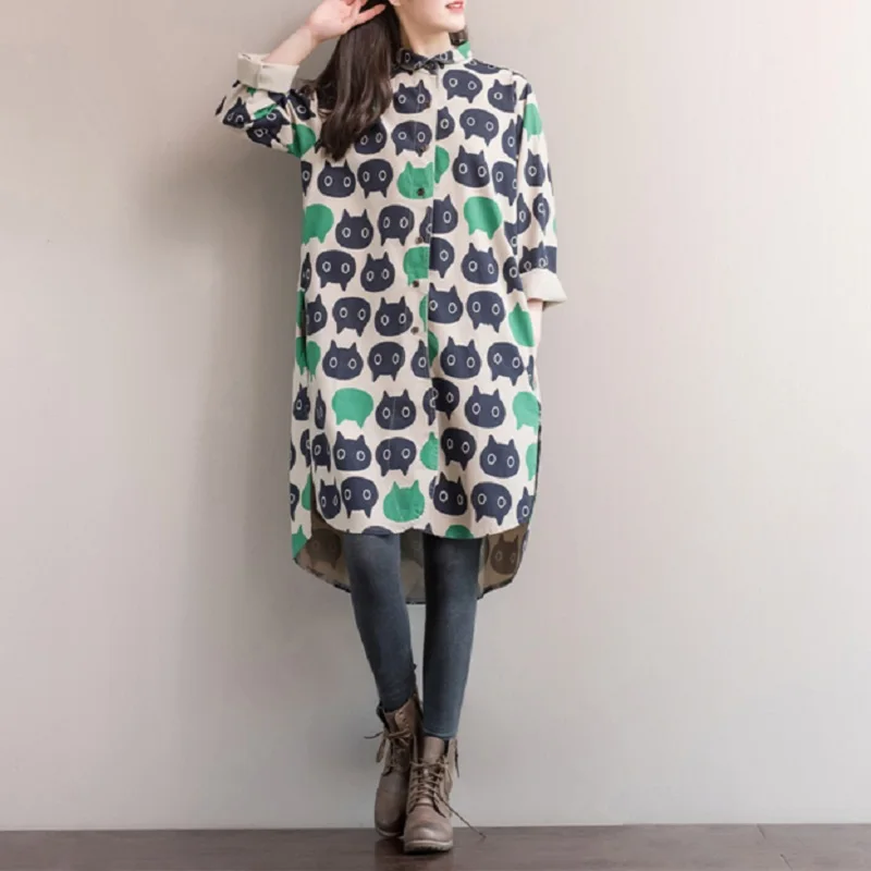 

2019 Spring Autumn Women Tunic Tops Cotton Linen Cat Pattern Printed Long Femme Blouse Irregular Mori Girl Shirt Big Size Blusas