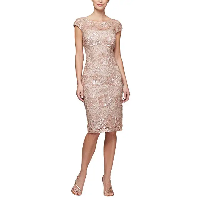 

2019 Elegant Beige Lace Women's Knee Length Mother Of The Bride Dress Vestido Mae Da Noiva