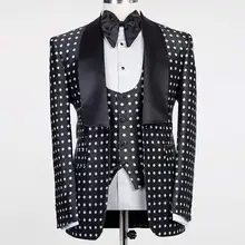 Новые Черные смокинги для жениха на одной пуговице в горошек, мужские костюмы для жениха на свадьбу, выпускной(пиджак+ брюки+ жилет+ галстук) №: 154
