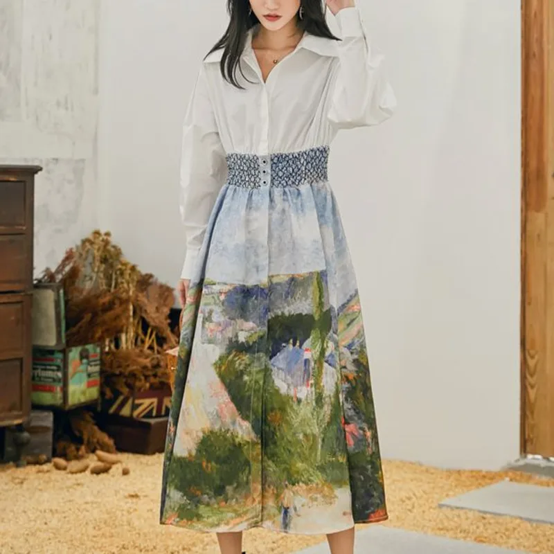 

LANMREM 2019 Autumn New Casual Fashion Women Loose Plus Lapel Oil Painting Hem Long Sleeve Dress TC618