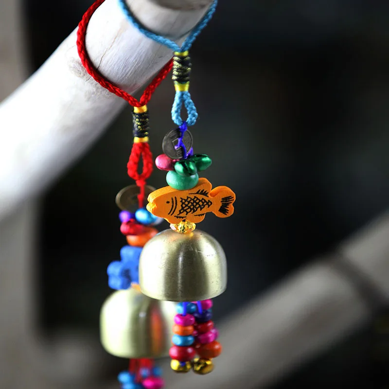 Yunnan Ethnic Crafts Vintage Lucky Wood Fish Copper Coin Wind Chimes