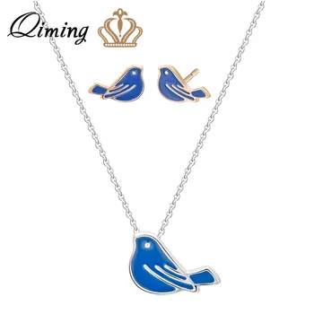

QIMING Mini Animal Bird Blue Necklace For Women Children Cute Stud Earrings Birthday Gift Lovely Jewelry Sets Boho Jewelry