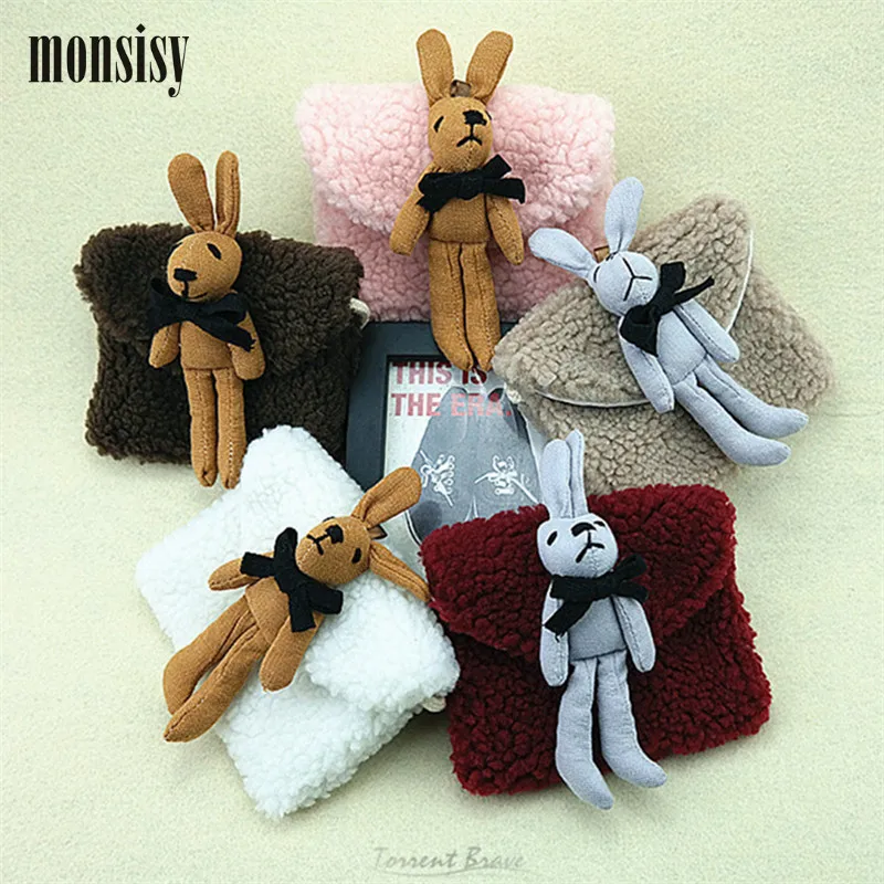 

Monsisy 6PCS Winter Children Shoulder Bag For Girl Wool 3D Rabbit Toy Baby Purse and Handbag Wallet Kawaii Boy Messenger Bag