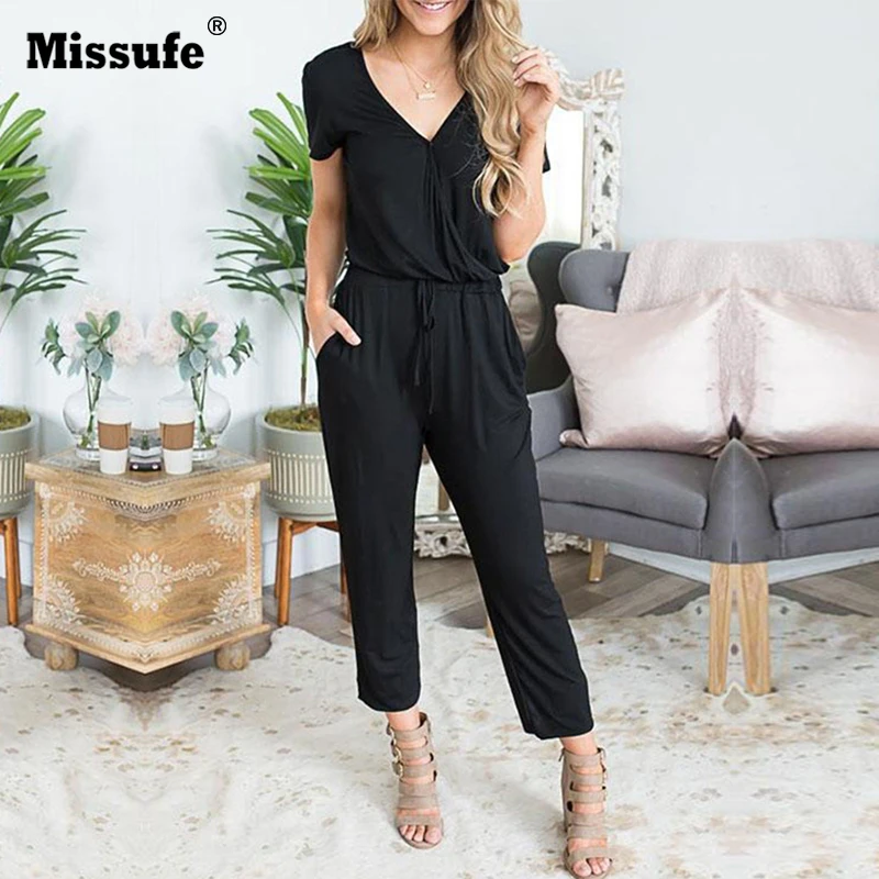 

Missufe V Neck Drawstring Jumpsuit Female Overalls Short Sleeve Bodysuits Women Pockets Rompes Casual Summer Playsuits 2019