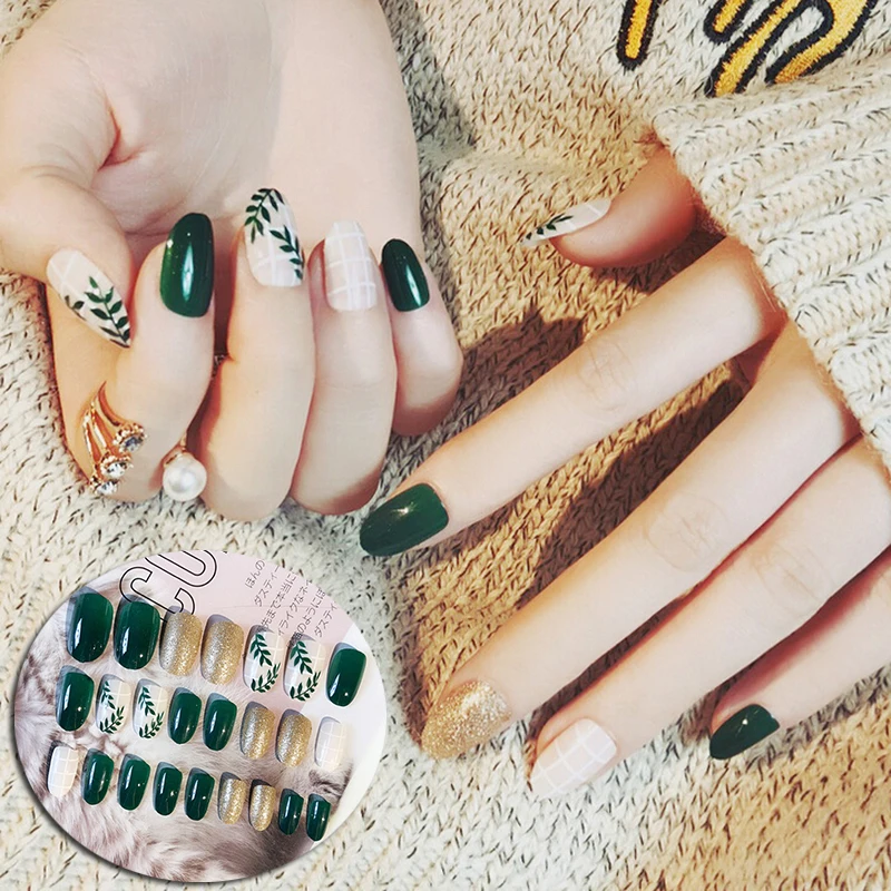 24pcs Round Head Full Nail Tips Tool Artificial Fake Nail Art Summer Green Leaf Pattern False Nails