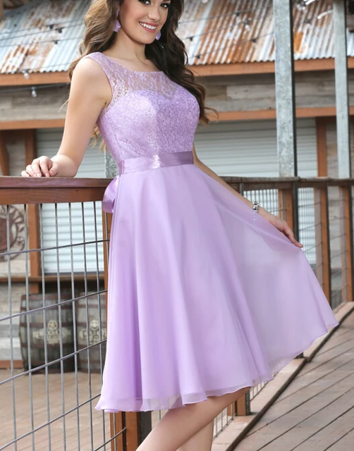 Short Lace Chiffon Civil Lilac Bridesmaids Dresses Sleeveless Knee