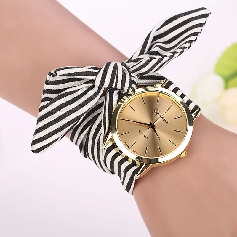 

ladies watches relojes mujer Summer Style Fashion Women Stripe Floral Cloth Quartz Dial Bracelet Wristwatch Watch montre femme H