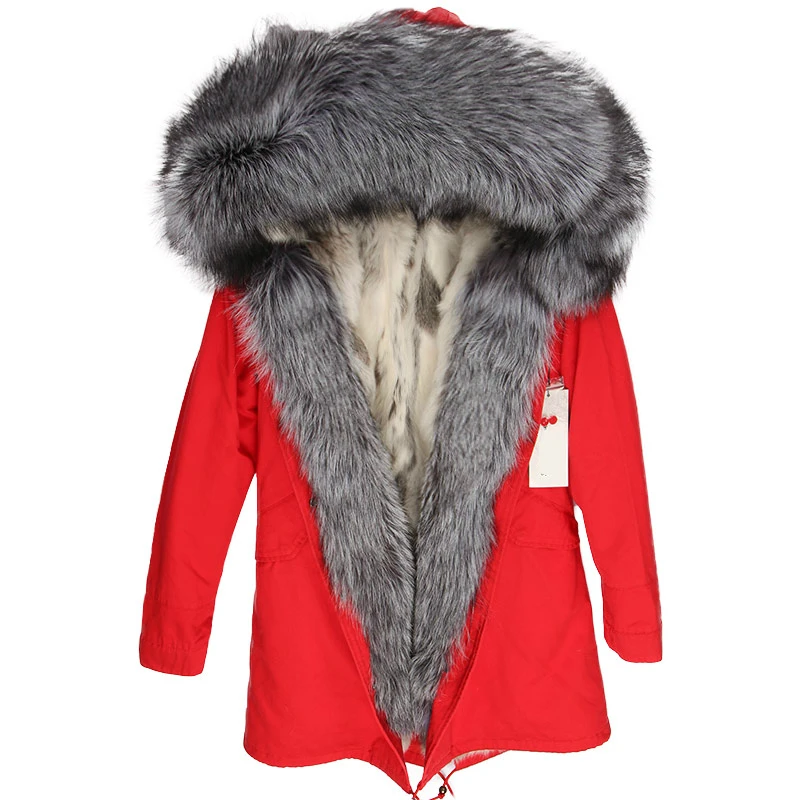 red silver Натуральный мех пальто брендовая длинная парка зимняя куртка женская натуральным лисьим мехом меховой капюшон, воротник натуральный кроличий мех внутри Толстая теплая верхняя одежда новая - Цвет: red silver