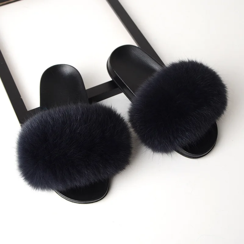 Fashion Fur Slippers Women Real Fox Fur Slides Home Furry Flat Sandals Female Cute Fluffy House Shoes Woman Brand Luxury 2019