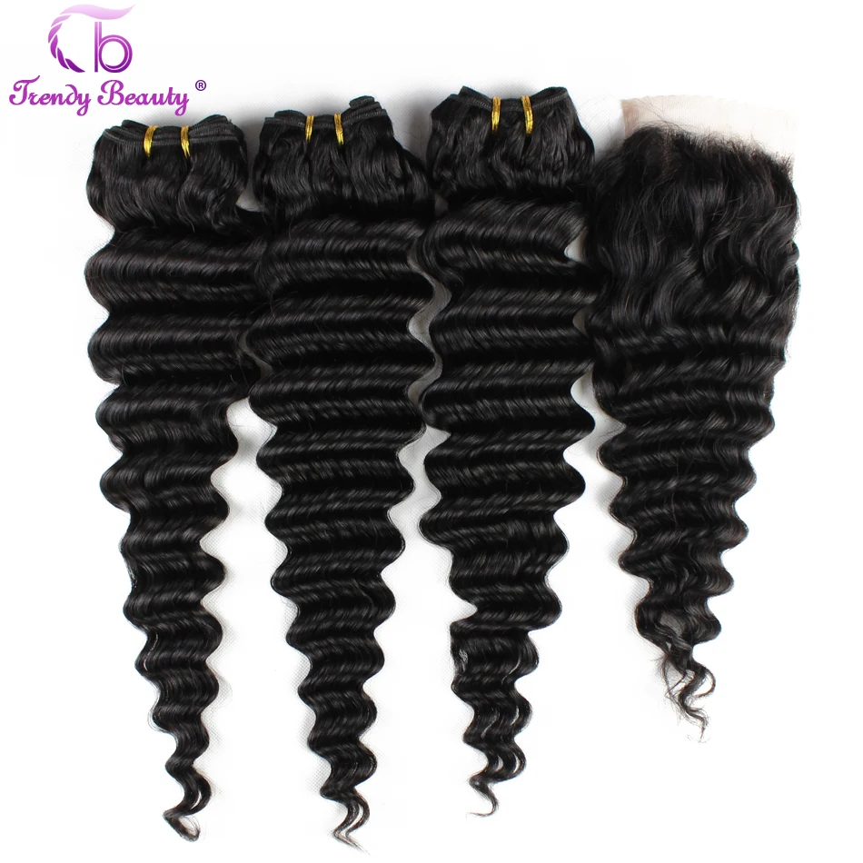 

Trendy Beauty Brazilian Deep Wave Hair Top Human Hair Bundles With Closure Color #1b 4x4 Inches Closure 8-28 Inches Non-Remy