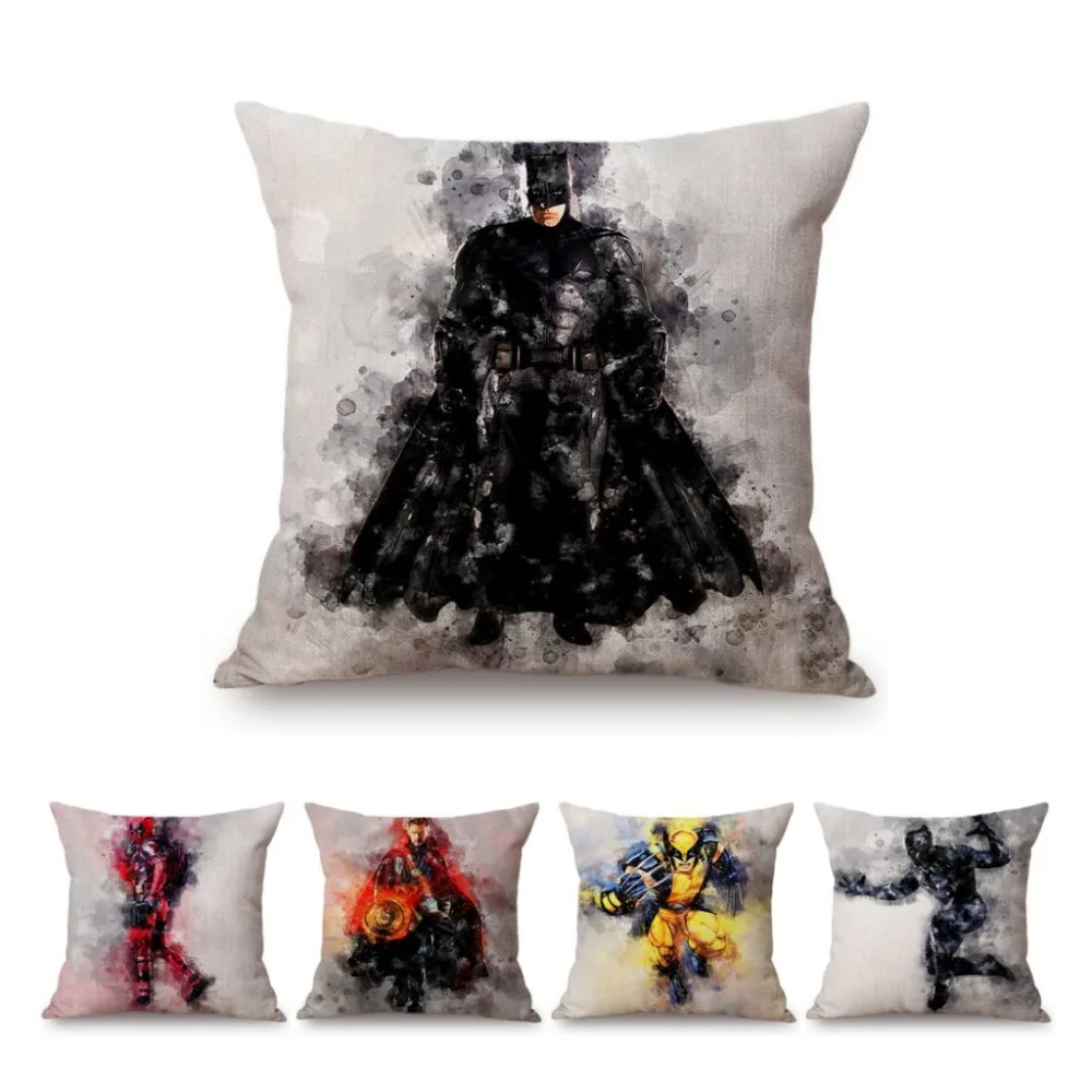 

25 Superheroes Collection Batman Spiderman Superman Captain America Sofa Throw Pillow Case Watercolor Splatter Art Cushion Cover