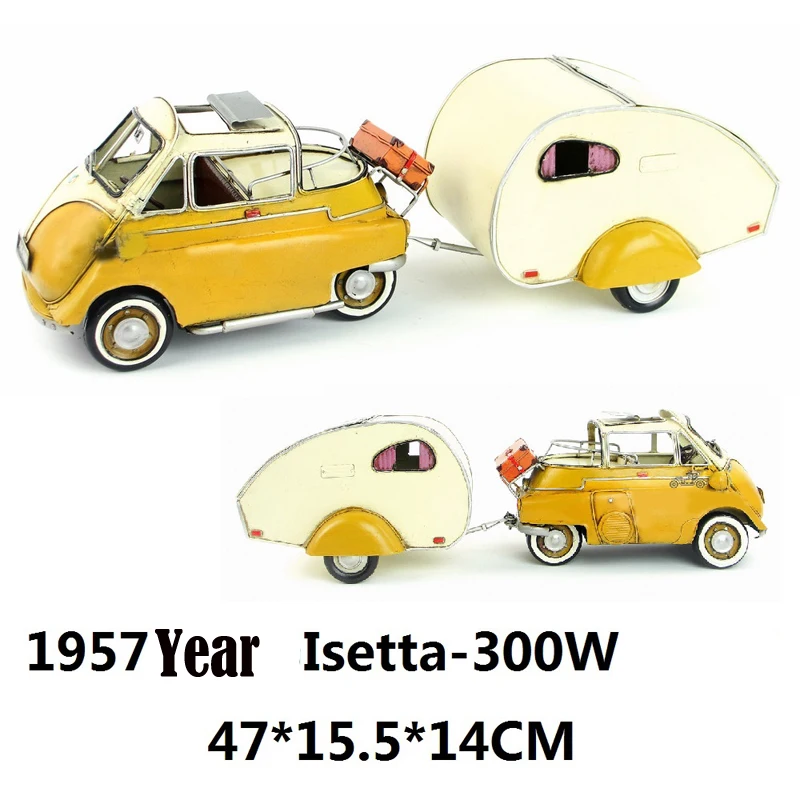 

1957 year Isetta 300W Egg car With trailer yellow Diecast car Handmade metal crafts for decor collection gift 1:12 car model toy