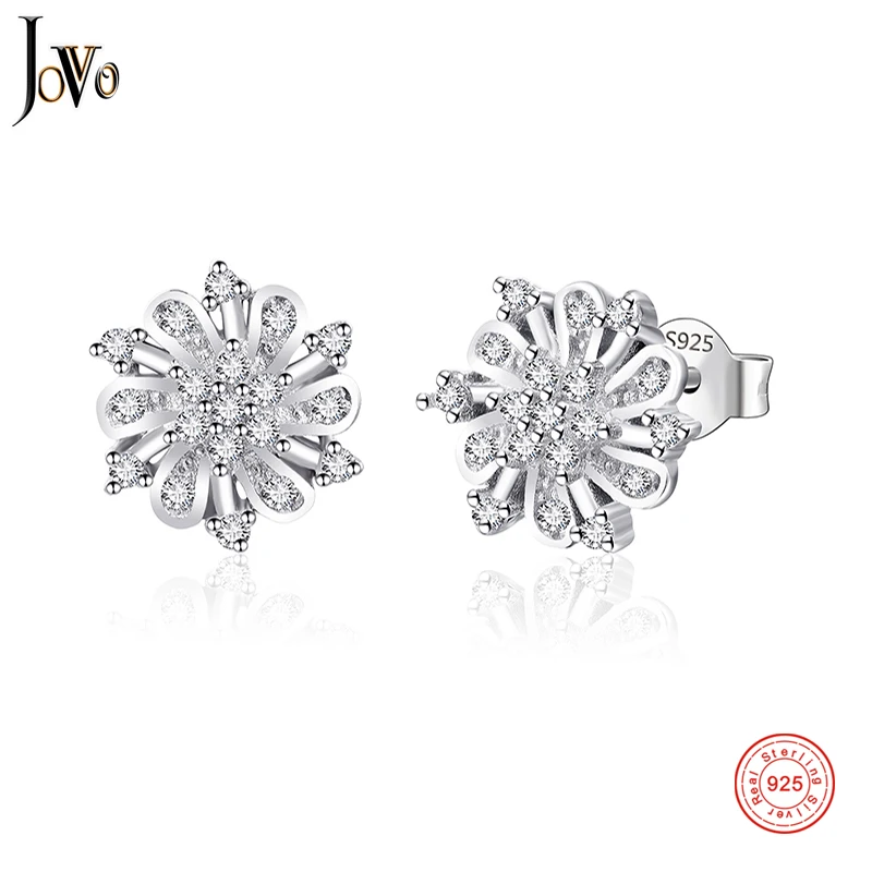 

JOVO sterling 925 silver women flower earrings jewelry zircon plant petal lady personality Fine Jewelry for female gift