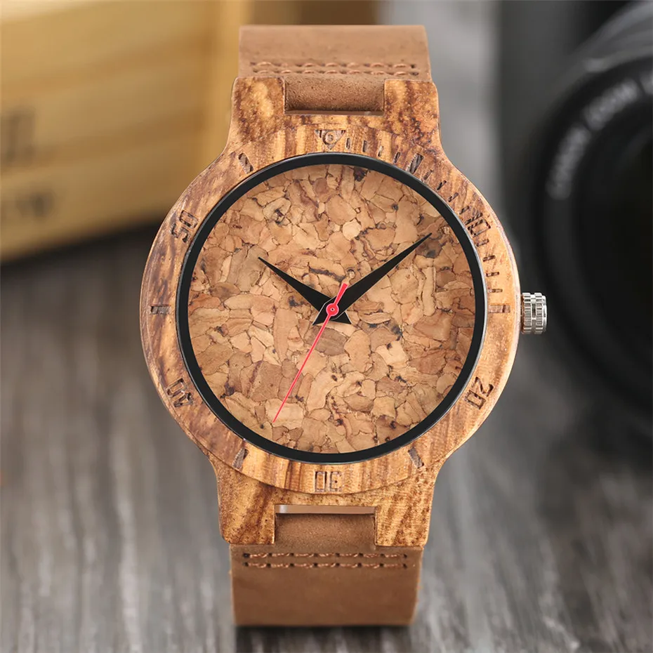 YISUYA Creative ZebraCork SlagBroken Leaves Face Nature Wood Watch Men Genuine Leather Strap Analog Women Bangle Wristwatch (19)