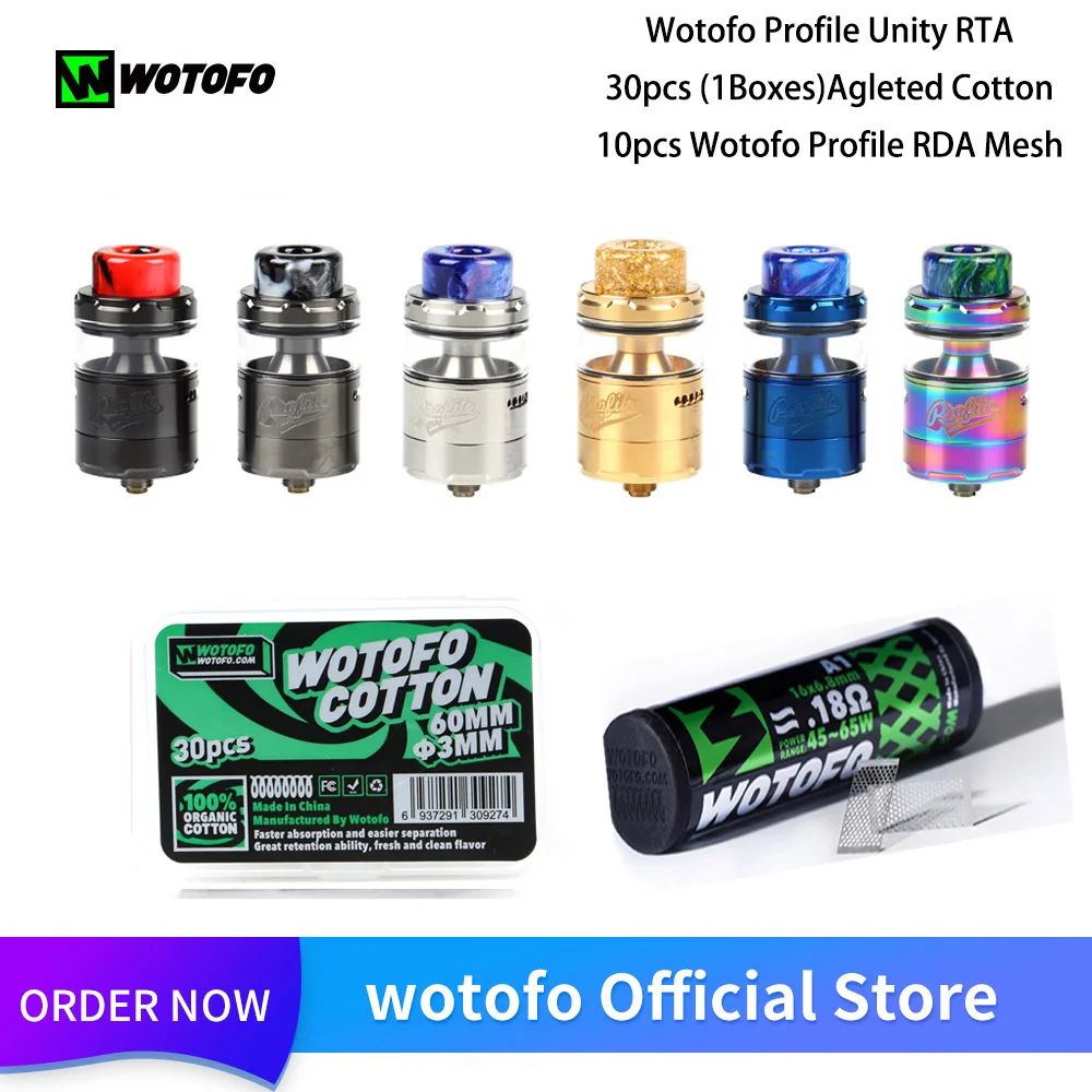 

Original Wotofo Profile Unity RTA Atomizer With 30Pcs Cotton 10Pcs Mesh 5ML Glass Tube 3.5ML Vape Tank Vaporizer 510 Vape Tank