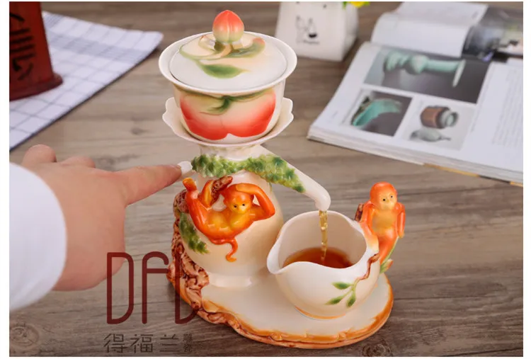 9 шт. автоматический эмалированный чайный набор Gaiwan Pot Cup Китайский кунг-фу Drinkware креативный 3D Обезьяна Золотая рыбка Дельфин чайный набор